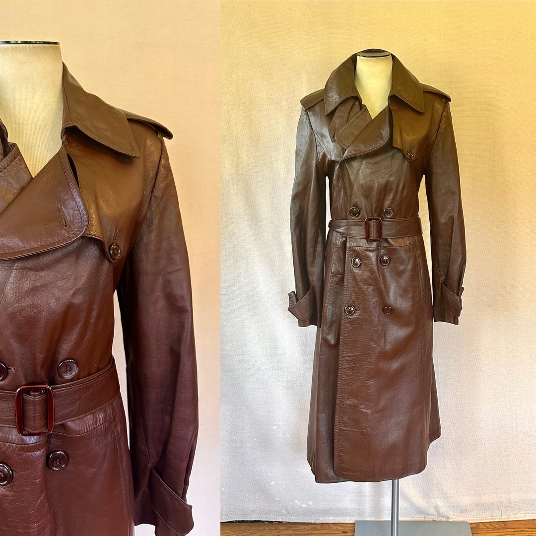 Vintage Mod Leather Trench Coat 1970s Double Breasted With Vintage Mod Leather Trench Coat 1970s Double Breasted With