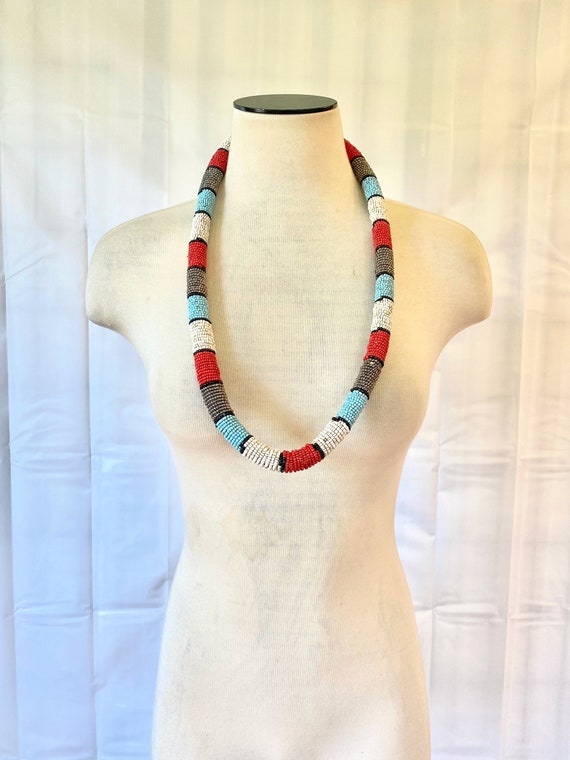 Vintage Pair of Gold Tone Patriotic Red White and Blue Beaded and Pearl Single Strand Necklaces