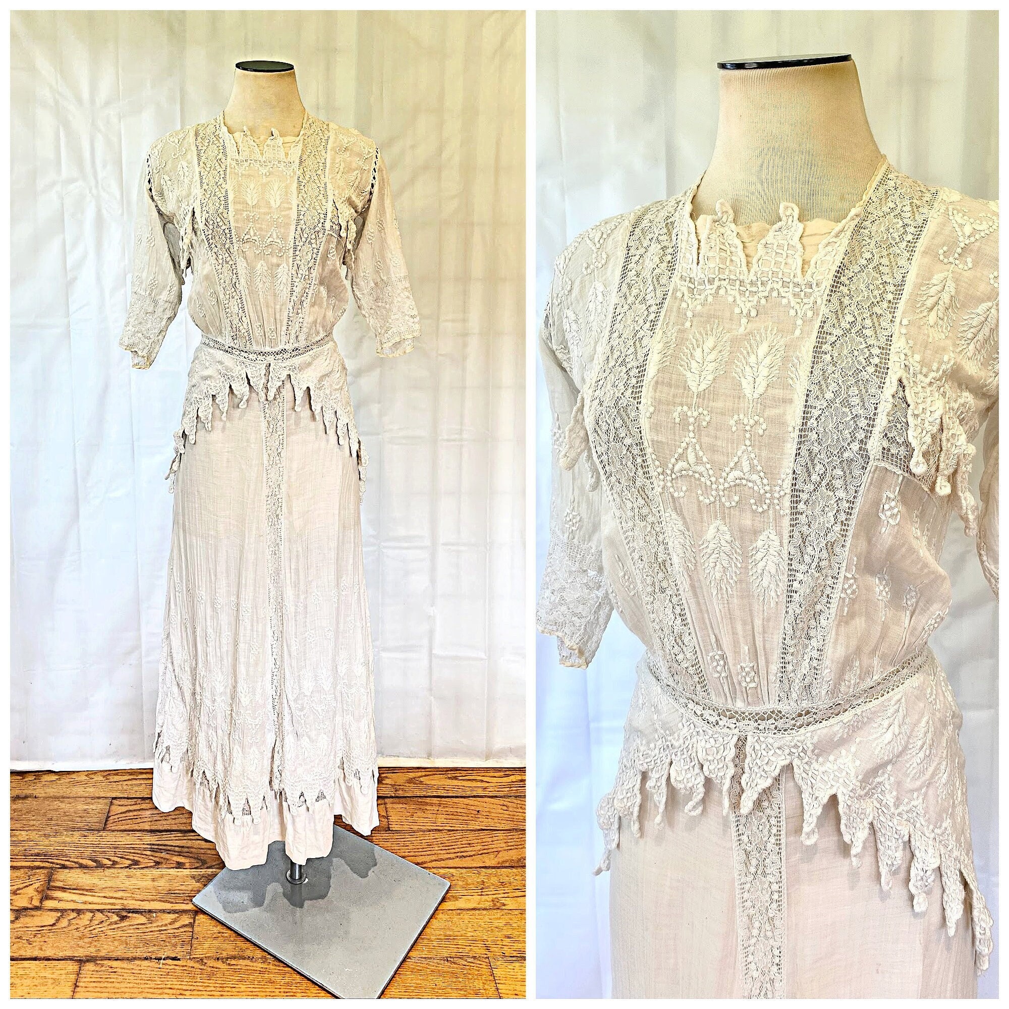 Antique Edwardian Dress 1900s White Cotton Batiste Crochet Lace 33