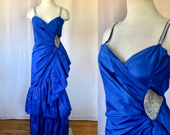 Vintage 1980s Evening Gown Royal Blue Sparkling Silver Beading Maxi Dress with Ruching 32 Bust XS S