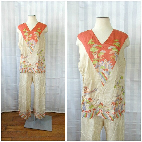 Vintage Pongee Silk Pajamas c. 1920s 1930s Made in