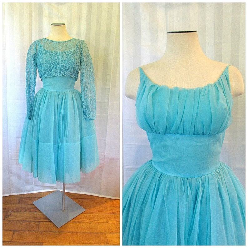 Vintage Party Dress 1950s 1960s Turquoise Blue Floral Lace Top 30 Bust XS Extra Small Short Formal Prom Cocktail Sun Dress image 1