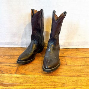 Puede incluir: Un par de botas vaqueras de cuero marrón con punta puntiaguda. Las botas tienen un diseño tradicional con costuras y un ligero tacón.