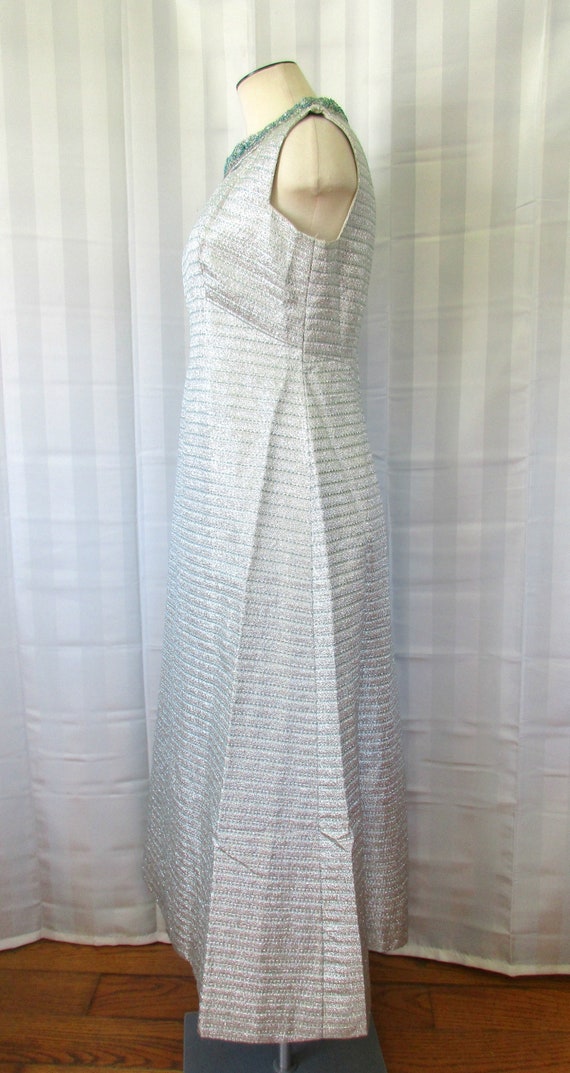 Vintage Evening Gown Silver Lame Turquoise Blue B… - image 4