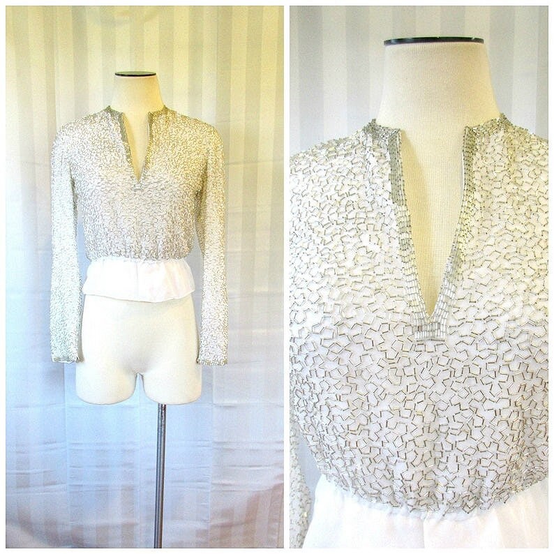 Vintage 1970S 1980S Victoria Royal Ltd. Beaded White Blouse Silver Bugle Beads Party Holiday Evening 32 33 Small Medium