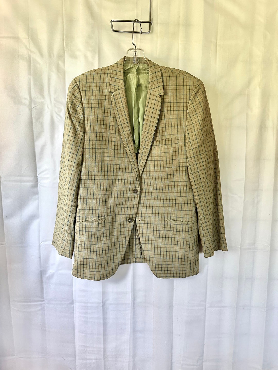 Vintage 1950s 1960s Sport Coat Gun Check Jacket Pale Olive