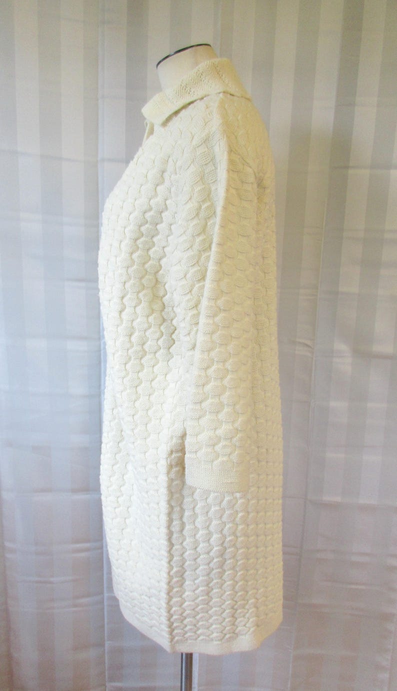 Vintage Sweater Coat By Cuddle Knit 1970s Ivory Cream 44 Large L XL Extra Large Long Knit Midi Knitted Cardigan Jacket Possibly Dead Stock