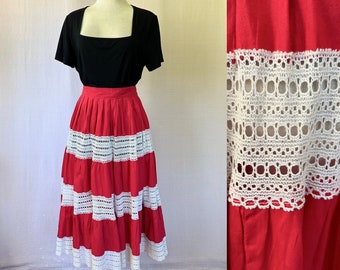 Vintage volledige swing rok jaren 1950 1960 rood ivoor gebroken wit crème gehaakte panelen rockabilly gelaagde folk 27 28 26 26 inch taille