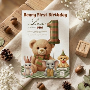 May include: A birthday invitation with the text "Beary First Birthday" and "Leo is turning one". The invitation features a teddy bear holding a number one balloon, with other cartoon animals. The invitation is surrounded by decorative elements.