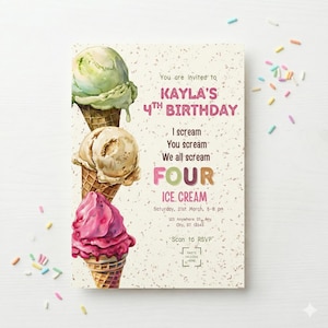 以下が含まれることがあります： ケイラの4歳の誕生日の招待状。緑、ベージュ、ピンクのアイスクリームが3つ描かれています。「I scream, You scream, We all scream FOUR ICE CREAM」というテキストが含まれています。