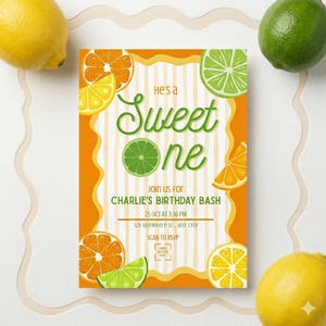 スイートワン シトラスオレンジレモンバースデー招待状テンプレート – 編集可能なCanva、印刷可能な5x7サイズ＆モバイル対応、QRコードによる出欠確認、自動ゲストトラッカー