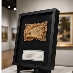 May include: A framed display featuring a piece of aged, textured parchment with ancient script, mounted on a black background. Below the parchment, a silver plaque displays the text: John 3:16-17, For God so loved the world, that He gave His one and only Son, that whoever believes in Him shall not perish, but have eternal life. For God did not send His Son into the world to judge the world, but that the world would be saved through Him.