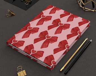 Valentine Red Heart Bow Hardcover Journal, Pink Patterned Love themed Notebook  & Gift Journaling!