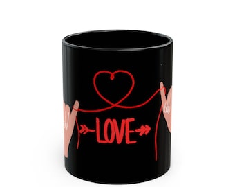 Ceramic Mug , Red Heart & 'LOVE' Hand-Drawn Design (11oz)