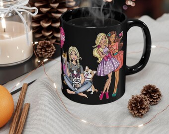 Retro Barbie Black Coffee Mug, Doll & Pets Illustration