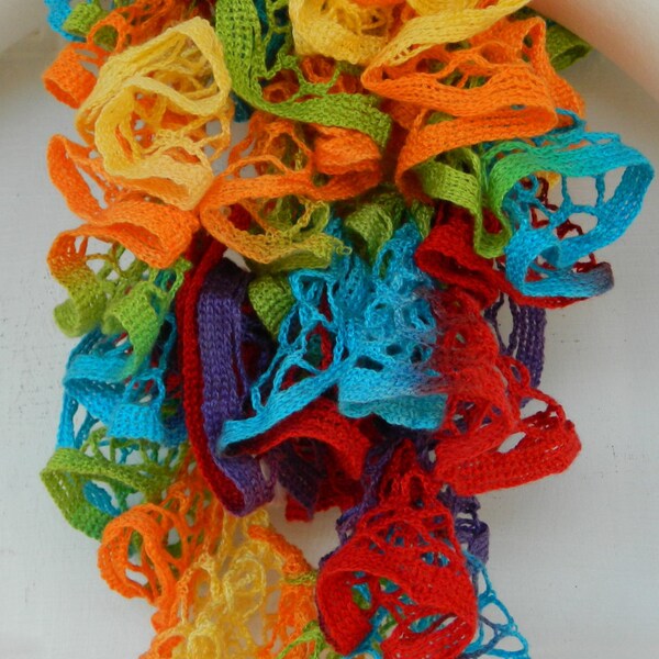 SALE  multi-color lacy and ruffled scarf in vibrant yellow, red, blue, green, purple and orange