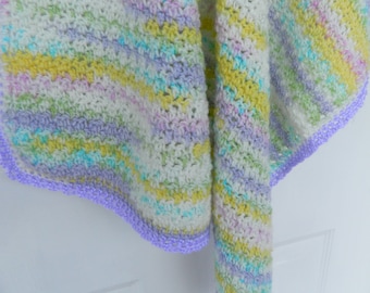 Handmade, crocheted  baby blanket in multi-color purple, green, yellow, pink, white, and blue