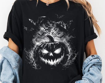 Camiseta de calabaza de Halloween, camiseta de temporada espeluznante, estampado de terror vintage, colores cómodos