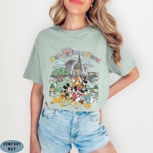 May include: Sage green t-shirt featuring a colorful graphic of Disney characters and the text "Walt Disney World". The graphic includes Mickey Mouse, Donald Duck, and other characters in front of a castle and a full moon.