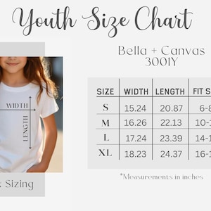 May include: A white t-shirt with a size chart for youth sizes. The chart includes measurements in inches for width and length, along with corresponding fit sizes. The shirt is from Bella + Canvas, style 3001Y. The image also includes the text "Unisex Sizing."