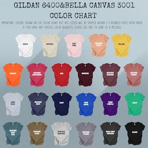 Op de afbeelding: Kleurenkaart met Gildan 6400 & Bella Canvas 3001 t-shirts in diverse kleuren, waaronder wit, naturel, roze, perzik, geel, oranje, rood, blauw en groen. De tekst "COLOR CHART" is ook zichtbaar.