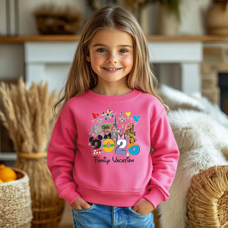 May include: A pink sweatshirt with a colorful graphic that says "2020 Family Vacation." The graphic includes images of Mickey and Minnie Mouse, a castle, and other vacation-themed icons. The sweatshirt is worn by a young person.