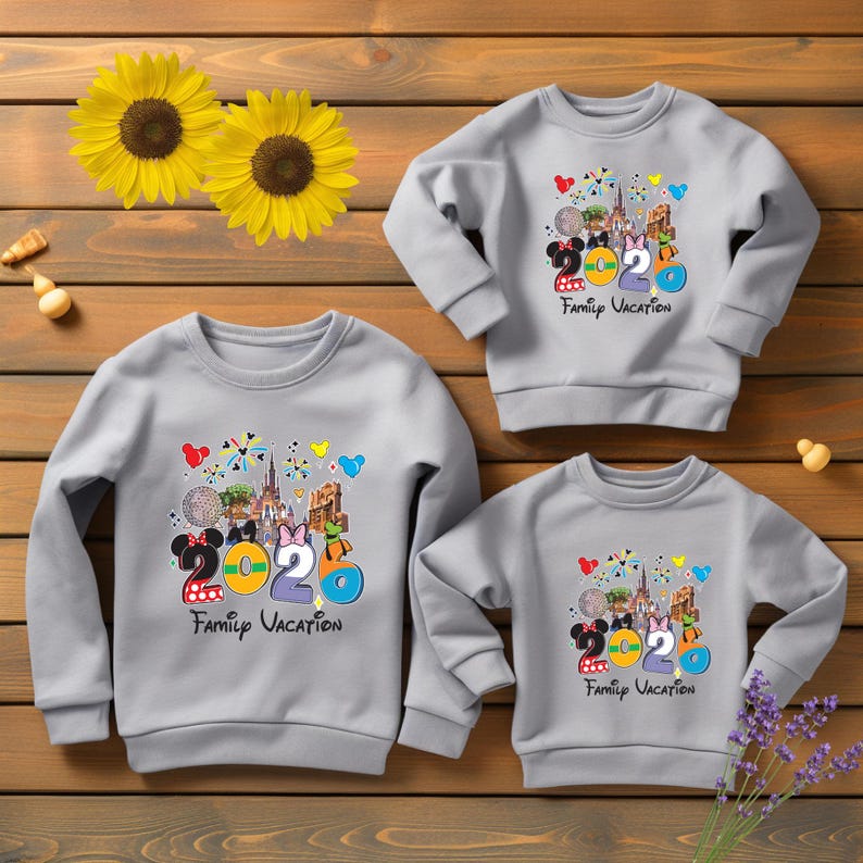 May include: Three light gray sweatshirts with a colorful graphic design featuring the number 2020, Disney characters, and the words "Family Vacation." The sweatshirts are arranged on a wooden surface with sunflowers and other decorative elements.