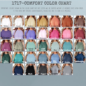 May include: Color chart featuring a variety of t-shirt colors, including white, ivory, butter, mustard, terracotta, yam, and espresso. Other colors include grape, orchid, violet, blossom, crunchberry, watermelon, and brick. The chart also shows berry, khaki, island reef, light green, bay, seafoam, moss, blue spruce, emerald green, chambray, ice blue, blue jean, denim, midnight, navy, black, pepper, granite, and grey.