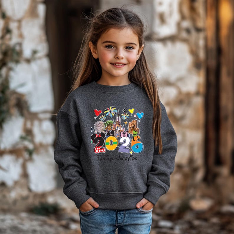 May include: A charcoal gray sweatshirt featuring a colorful graphic of Disney characters and landmarks. The design includes the year "2020" and the words "Family Vacation". The sweatshirt is worn by a young girl.