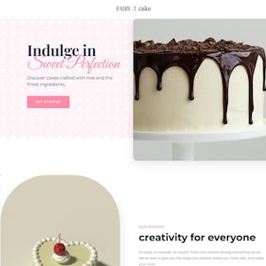 Peut inclure: Un gâteau à plusieurs étages avec un glaçage blanc et une ganache au chocolat noir dégoulinant sur les côtés. Le gâteau est garni de copeaux de chocolat et repose sur un présentoir blanc. Le site web affiche "FAIRY cake".