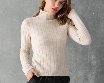 Ribbed Knit Turtleneck Sweater – Soft Cream, Minimalist Winter Top