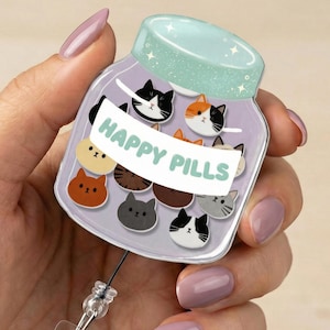 Happy Pills Cat Shaker Badge Reel, Cute Retractable ID Holder for Nurses, Teachers, Doctor, Midwife, Student & Office