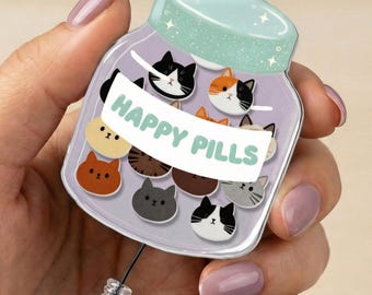 Happy Pills Cat Shaker ID-kortsrulle, söt utdragbar ID-hållare för sjuksköterskor, lärare, läkare, barnmorska, studenter och kontor