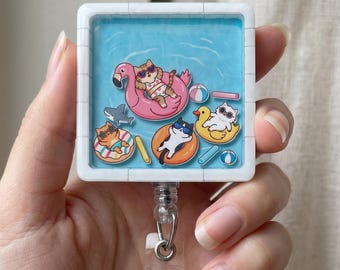 Kawaii Pool Cats Badge Reel Shaker, Holographic Kitty Charms Retractable ID Holder for Nurses, Teachers, Doctor, Midwife, Student & Office