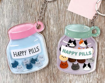 Happy Pills Cat Shaker Keychain, Kawaii Purse Charm, Cat Lover Gift, ADHD Keyring, Funny Kitty Backpack Accessory, Holographic Options