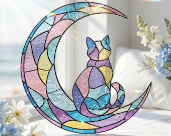 Färgglad kattsolfångare med himmelsk måne, holografisk fönsterdekoration för kattungar, drömsk present till kattälskare, solfångare i akrylfärgat glas för katt