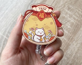 Lucky Pouch Cat Mahjong Shaker Badge Rulle, Mahjong Kitty Infällbar ID-hållare för sjuksköterskor, lärare, läkare, barnmorska, studenter och kontor
