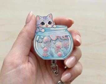 Kawaii Cat Fishbowl Shaker Badge Reel, Cute Jellyfish Retractable ID Holder for Nurses, Teachers, Doctor, Midwife, Student & Office