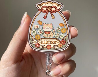 Lucky Mahjong Cat Shaker Badge Reel, Mahjong Kitty Retractable ID Holder for Nurses, Teachers, Doctor, Midwife, Student & Office