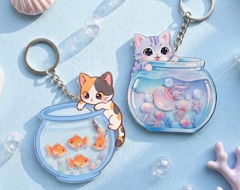 Kawaii katt fiskskål shaker nyckelring, kawaii akvarium väska berlock, kattälskare present, holografisk guldfisk eller manet nyckelring design