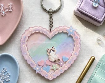 Nyckelring med "Välj din katt"-shaker, pastellfärgade hjärtan och stjärnor i handväska, present till kattälskare, ADHD-nyckelring, kawaii kattryggsäckstillbehör