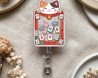 Lucky Charm Mahjong Cat Shaker Badge Reel, Mahjong Kitty Retractable ID Holder for Nurses, Teachers, Doctor, Midwife, Student & Office