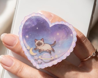 猫シェイカー付きスマホグリップ、コズミックハートアクリル製スマホグリップアクセサリー、粘着式、Kindle、iPad、スマホホルダースタンド、猫好きへのギフト