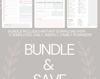 Könnte beinhalten: Ein minimalistisches Planer-Bundle mit drei Vorlagen: Tages-, Wochen- und Familienplaner. Das Bundle enthält sofort herunterladbare PDF-Dateien. Das Design ist hellgrau mit rosa Akzenten und floralen Details. Der Text auf dem Bild lautet "Bundle & Save."