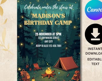 Campfire Party Invitation, Camp Party Invitation, Camping Out Birthday Invitation, Camp Birthday Invite, Camping Birthday Invite, Camp Out