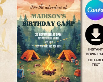 Camping Out Birthday Invitation, Camp Birthday Invite, Campfire Party Invitation, Camping Birthday Invite, Camp Party Invitation, Camp Out