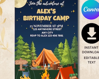 Camping Birthday Invitation, Camp Birthday Invite, Campfire Party Invitation, Camping Out, Birthday Invite, Camp Party Invitation, Camp Out