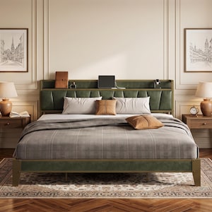 May include: A bed frame featuring a dark green upholstered headboard with vertical tufting and an integrated storage shelf. The bed is dressed in a grey plaid comforter with two large white pillows and two smaller tan square accent pillows.