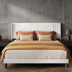 Modern Upholstered Wingback Bed, Padded Headboard, Wooden Slats, Under-Bed Storage (No Box Spring)