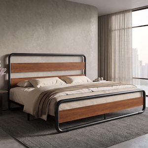 May include: A bed frame featuring a black tubular metal structure combined with horizontal wooden panels on the headboard and footboard. The bed is dressed with light beige bedding, including pillows and a throw blanket, creating a neutral look.